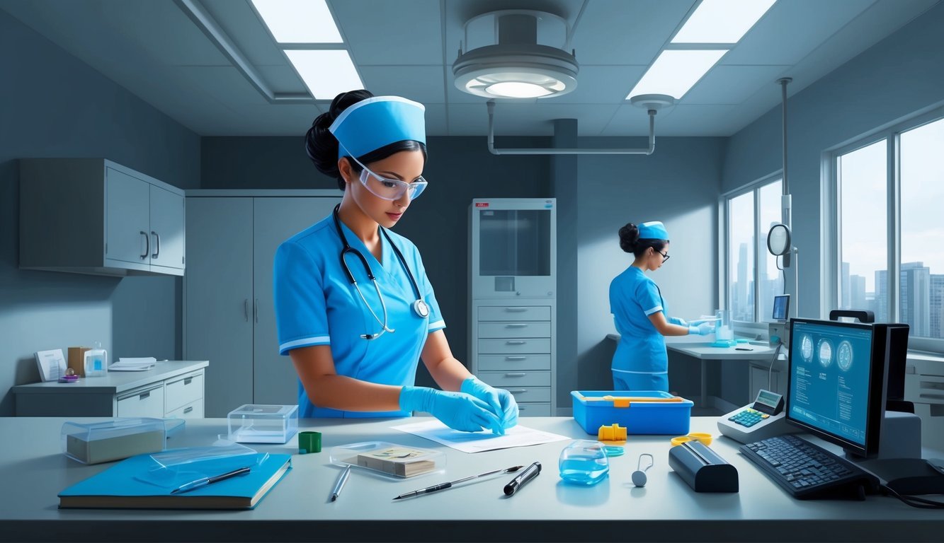 A forensic nurse examines evidence in a secure, well-lit examination room with specialized equipment and tools