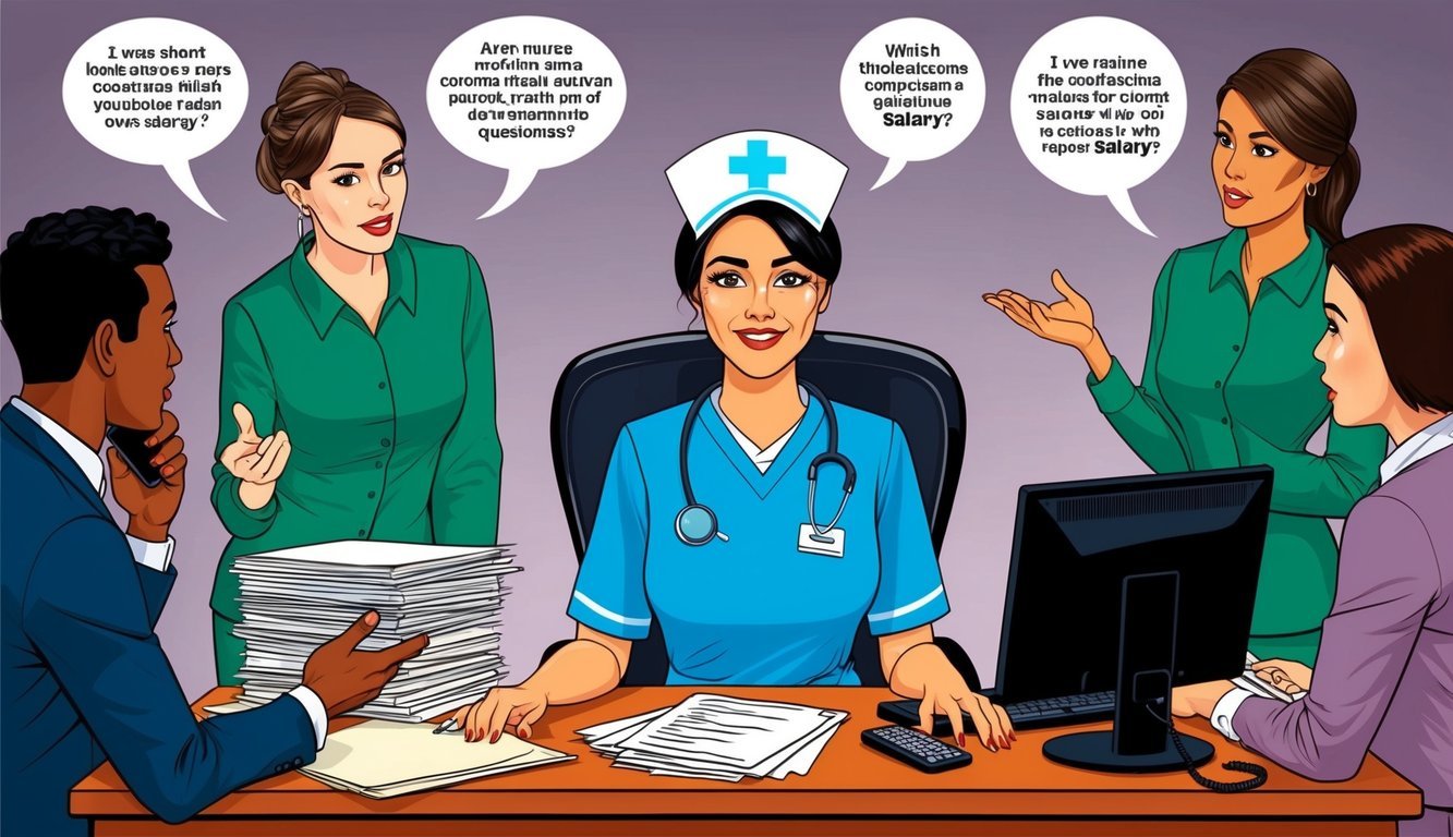 A nurse sitting at a desk with a stack of papers, a computer, and a phone, surrounded by colleagues asking questions and discussing salary