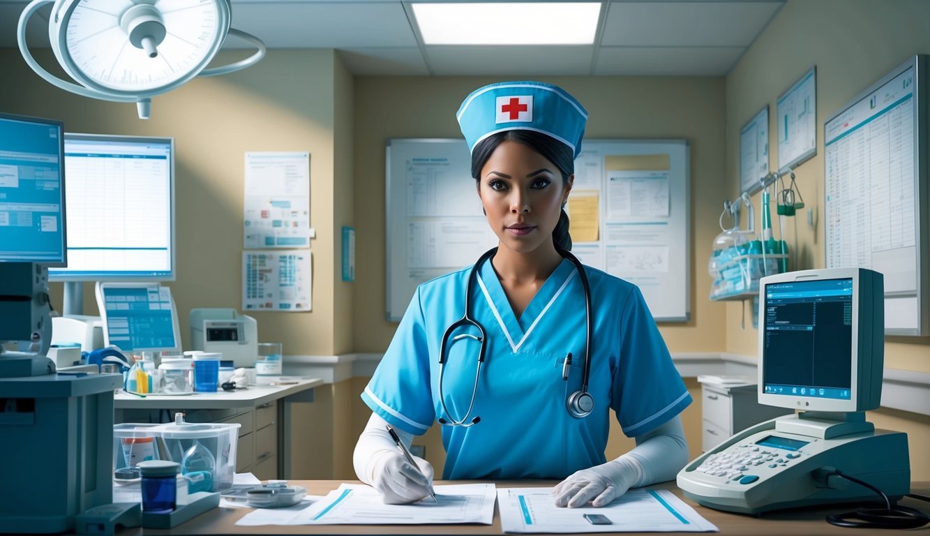 A forensic nurse in a hospital setting, surrounded by medical equipment and charts, facing the challenge of analyzing evidence and the opportunity to provide expert testimony