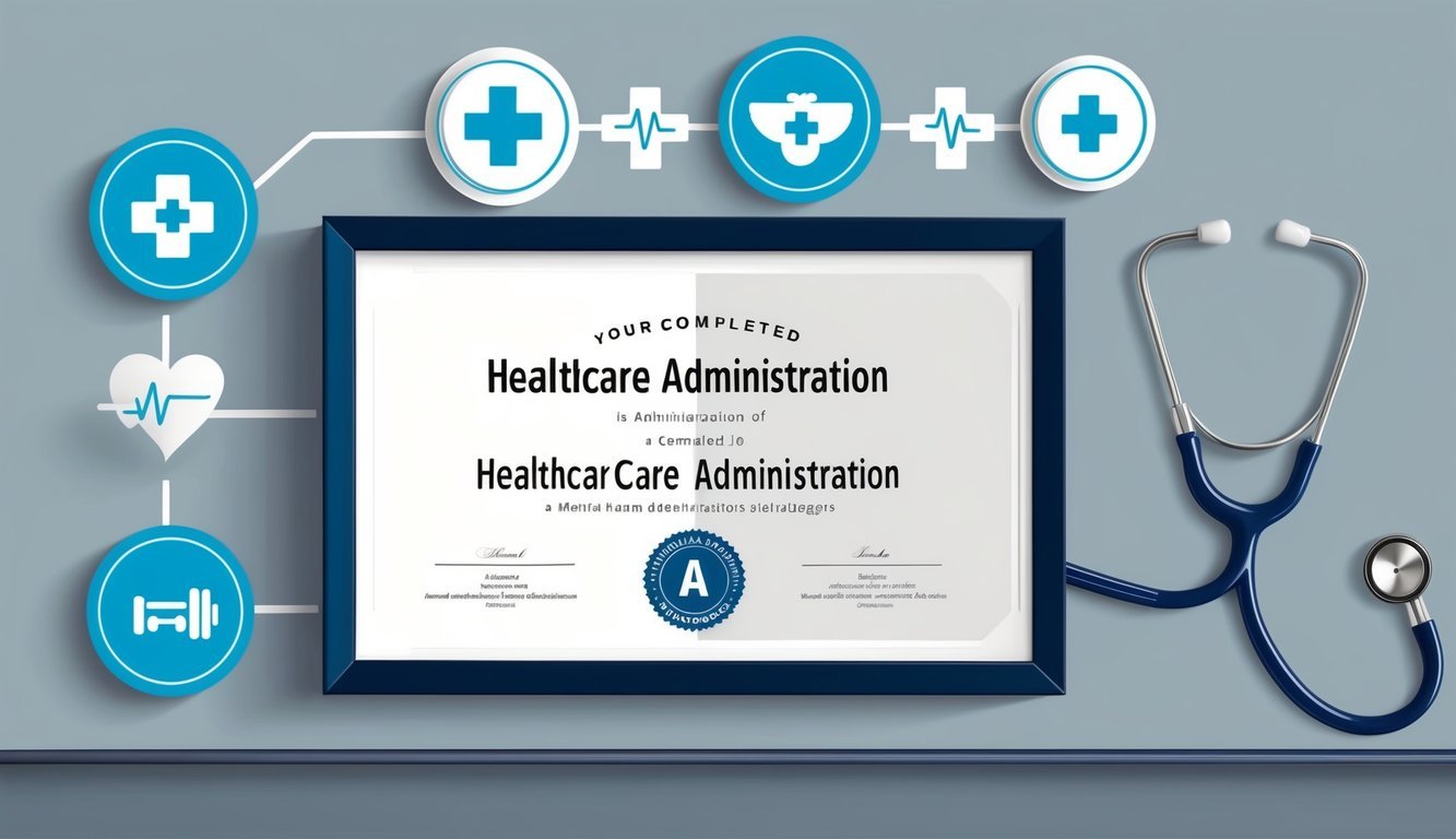 A diploma framed on a wall, surrounded by medical symbols and a stethoscope, indicating a completed Healthcare Administration degree