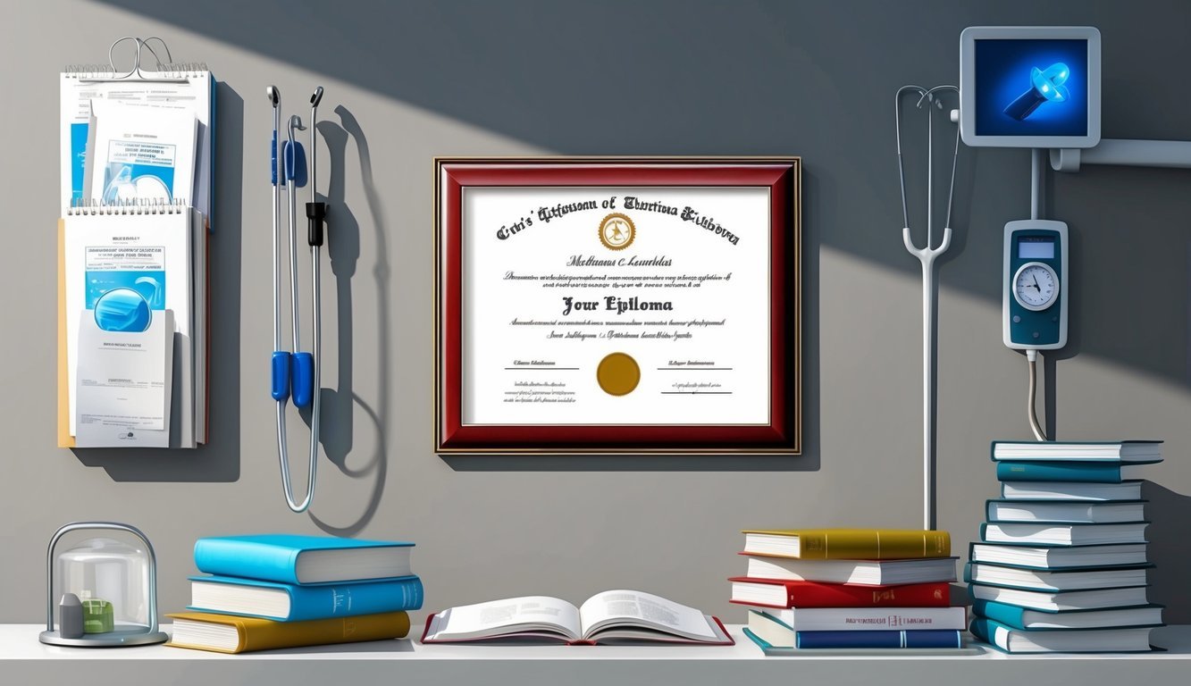A diploma framed on a wall, surrounded by medical equipment and textbooks