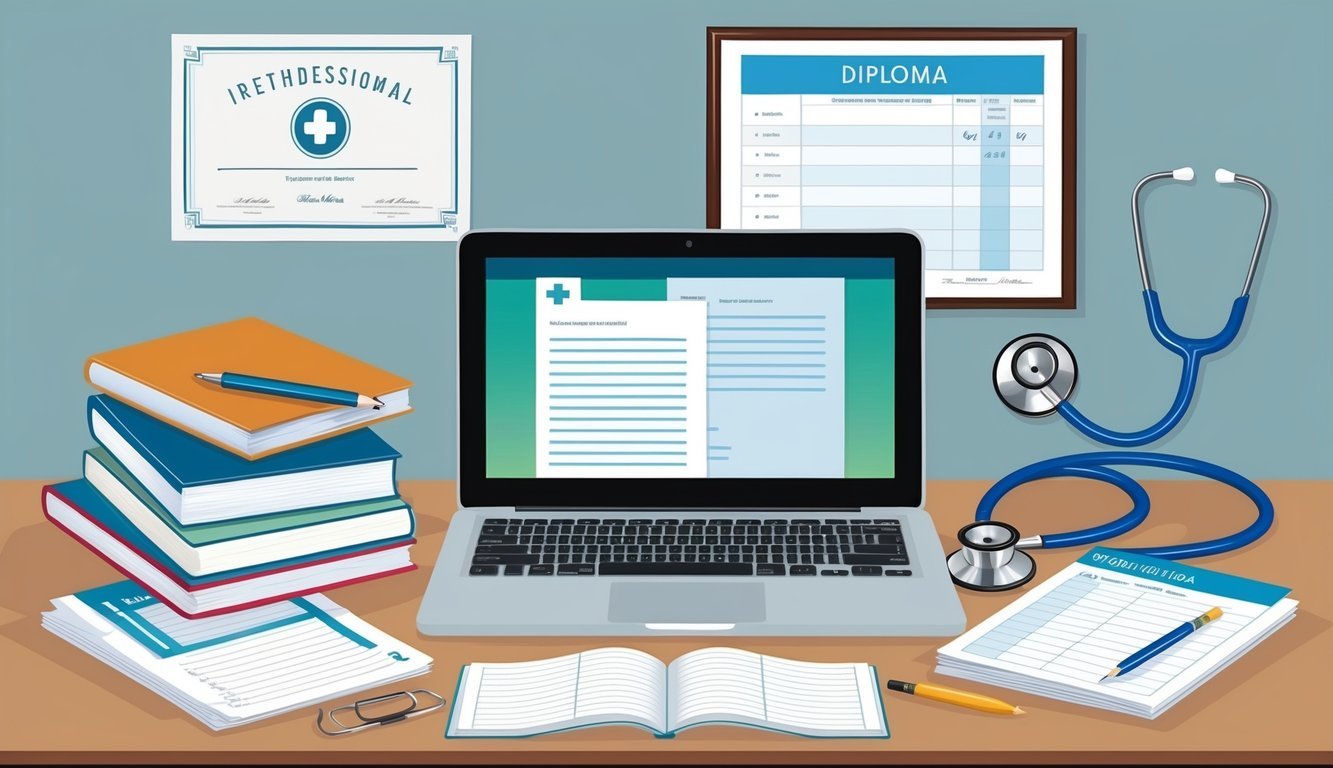 A desk with a laptop, textbooks, and notes.</p><p>A diploma on the wall.</p><p>A stethoscope and medical charts