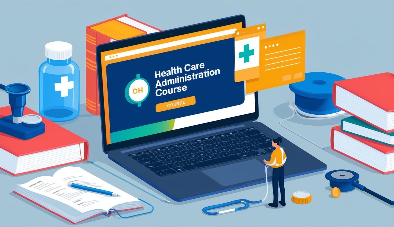 A laptop displaying an online education platform with a health care administration course highlighted, surrounded by books and medical equipment