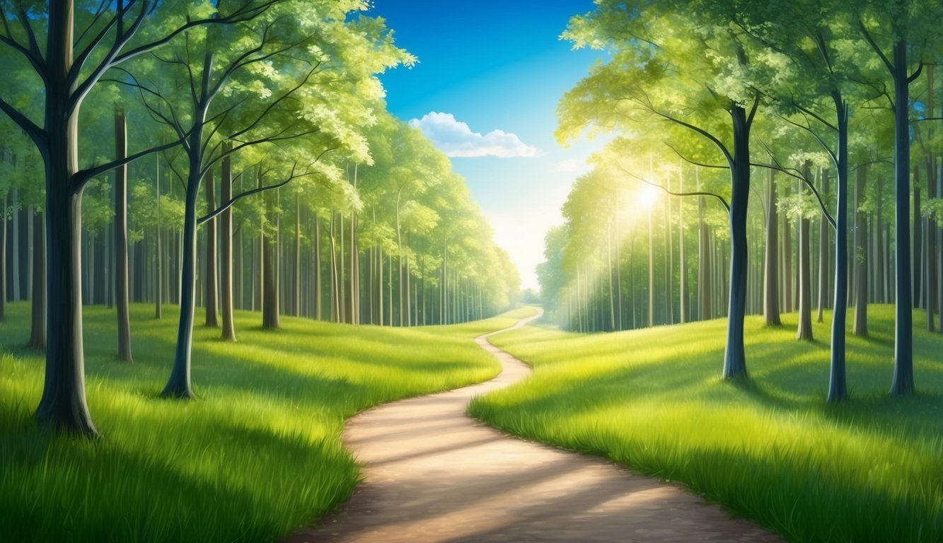 A winding path through a serene forest, with sunlight filtering through the trees and a clear blue sky overhead
