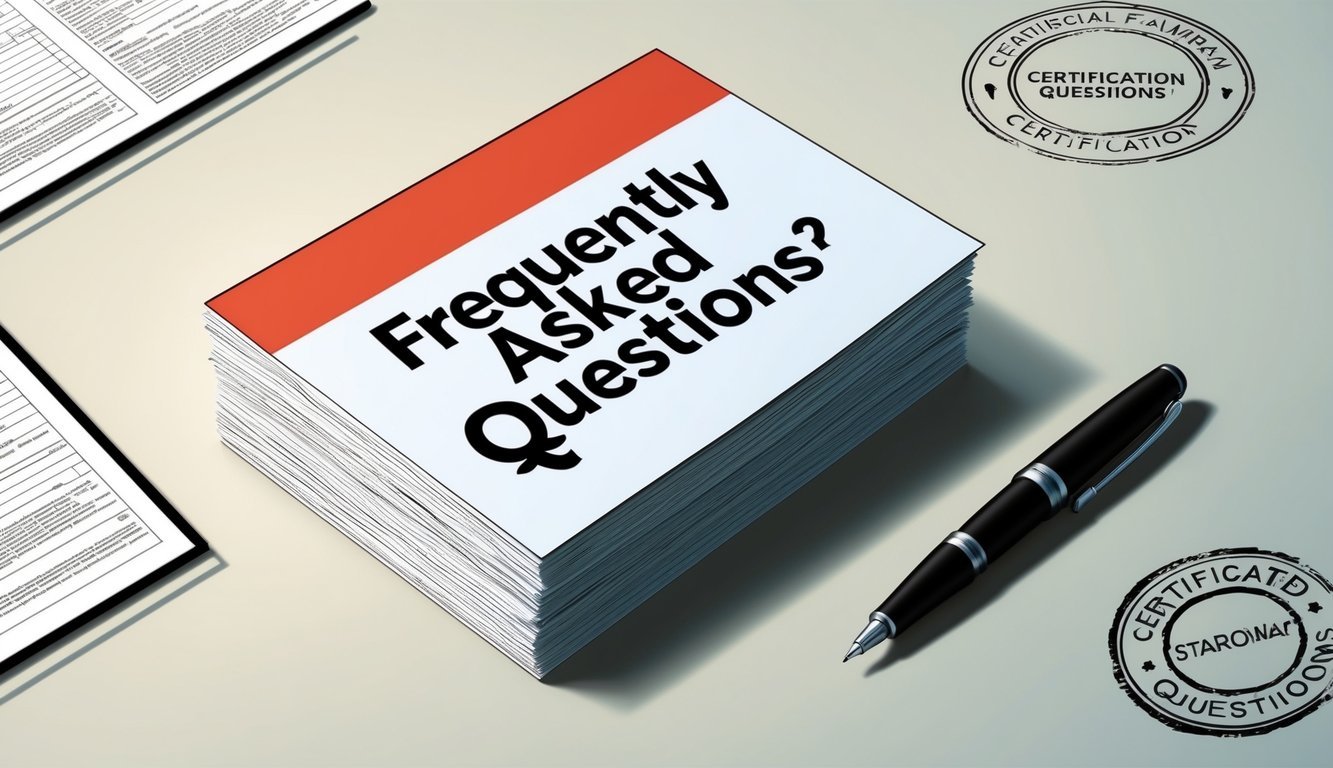 A stack of papers with a "Frequently Asked Questions" heading, surrounded by a certification stamp and a pen