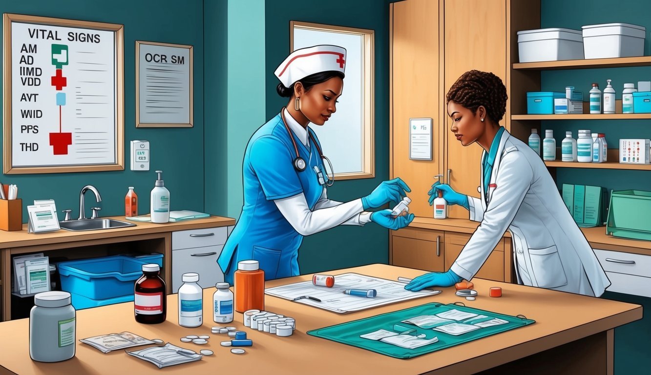A nurse calmly assessing vital signs and administering medication, while maintaining a clean and organized workspace