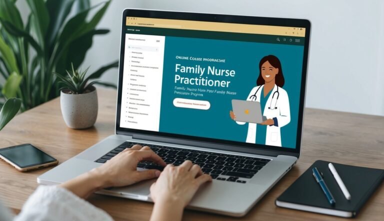Laptop displaying "Family Nurse Practitioner" website, hands typing, desk with phone and notepad