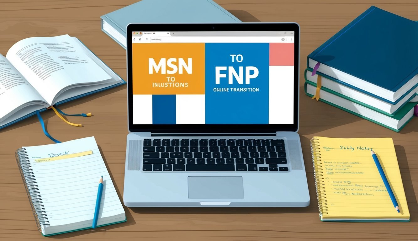 A laptop displaying a webpage with "MSN to FNP Online Transition" on the screen, surrounded by open textbooks and a notepad with study notes