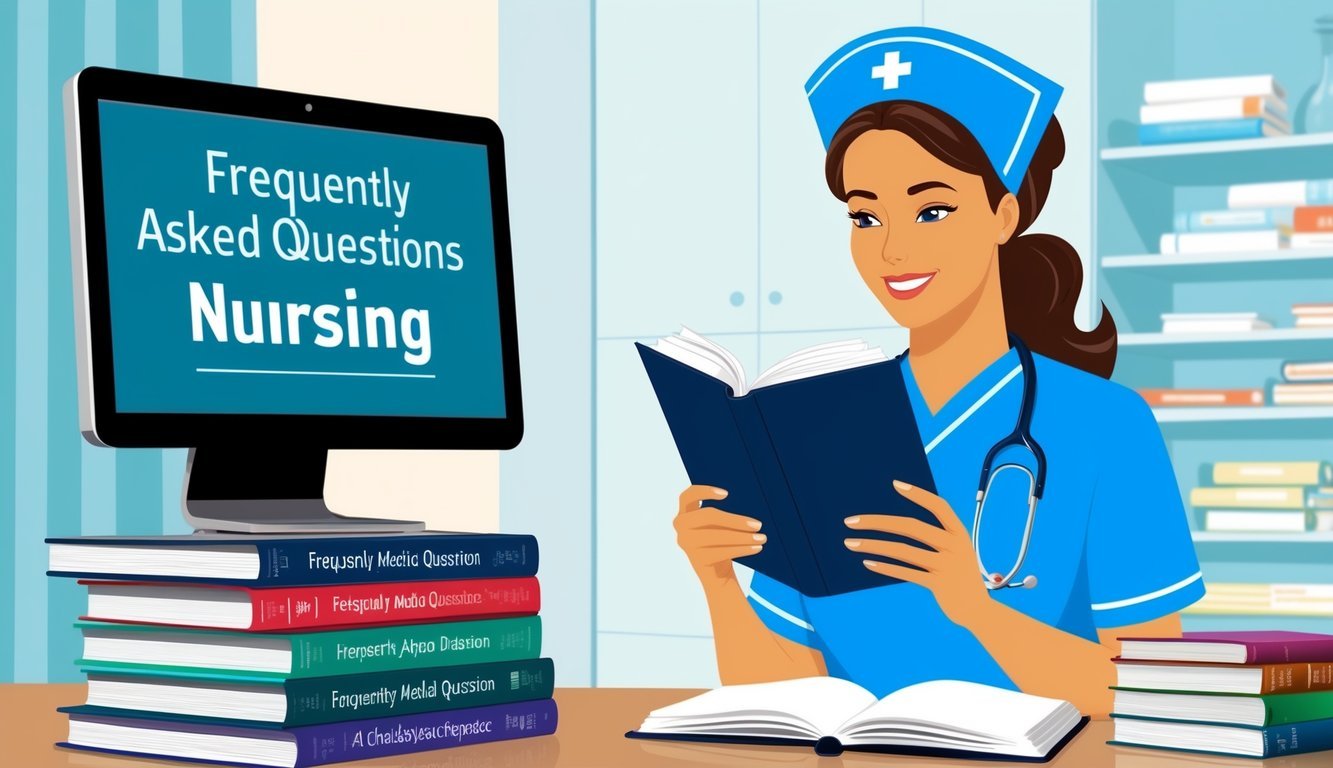 A nurse reading a book with a stack of medical textbooks nearby.</p><p>A computer screen displays "Frequently Asked Questions" about nursing