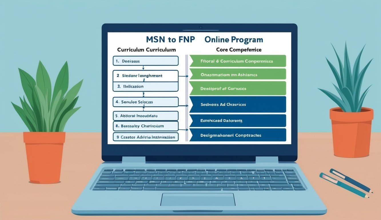 A laptop displaying a curriculum chart and a list of core competencies for an MSN to FNP online program