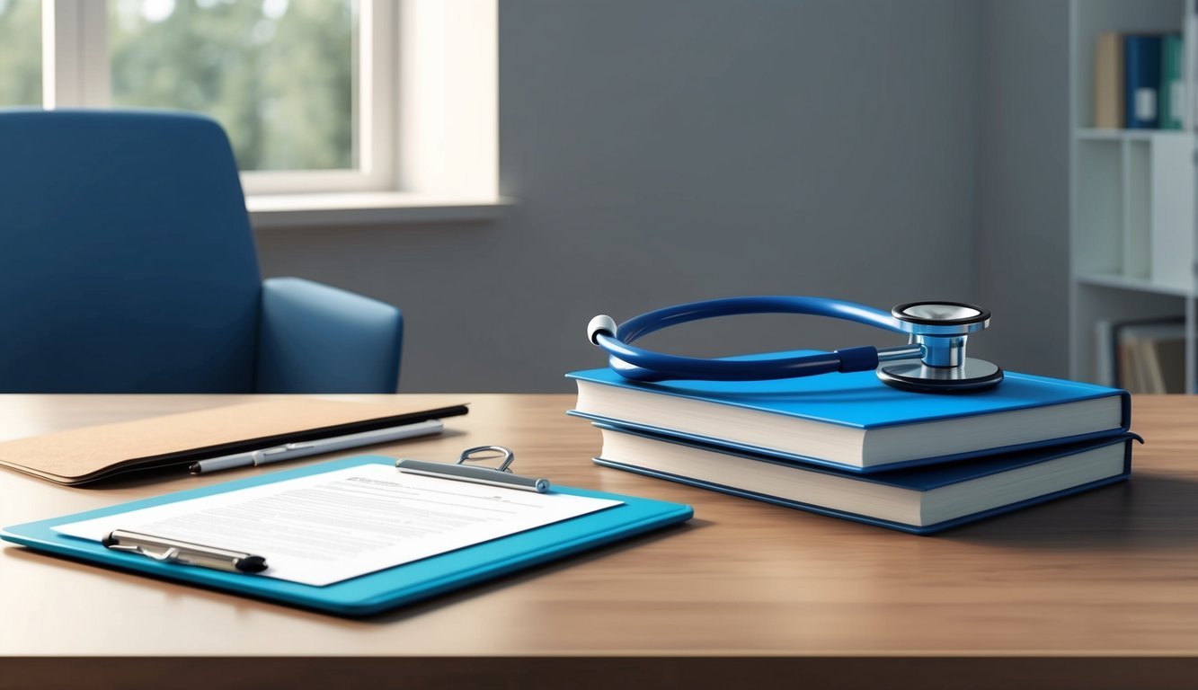 A stethoscope, clipboard, and medical textbooks on a desk in a quiet study room