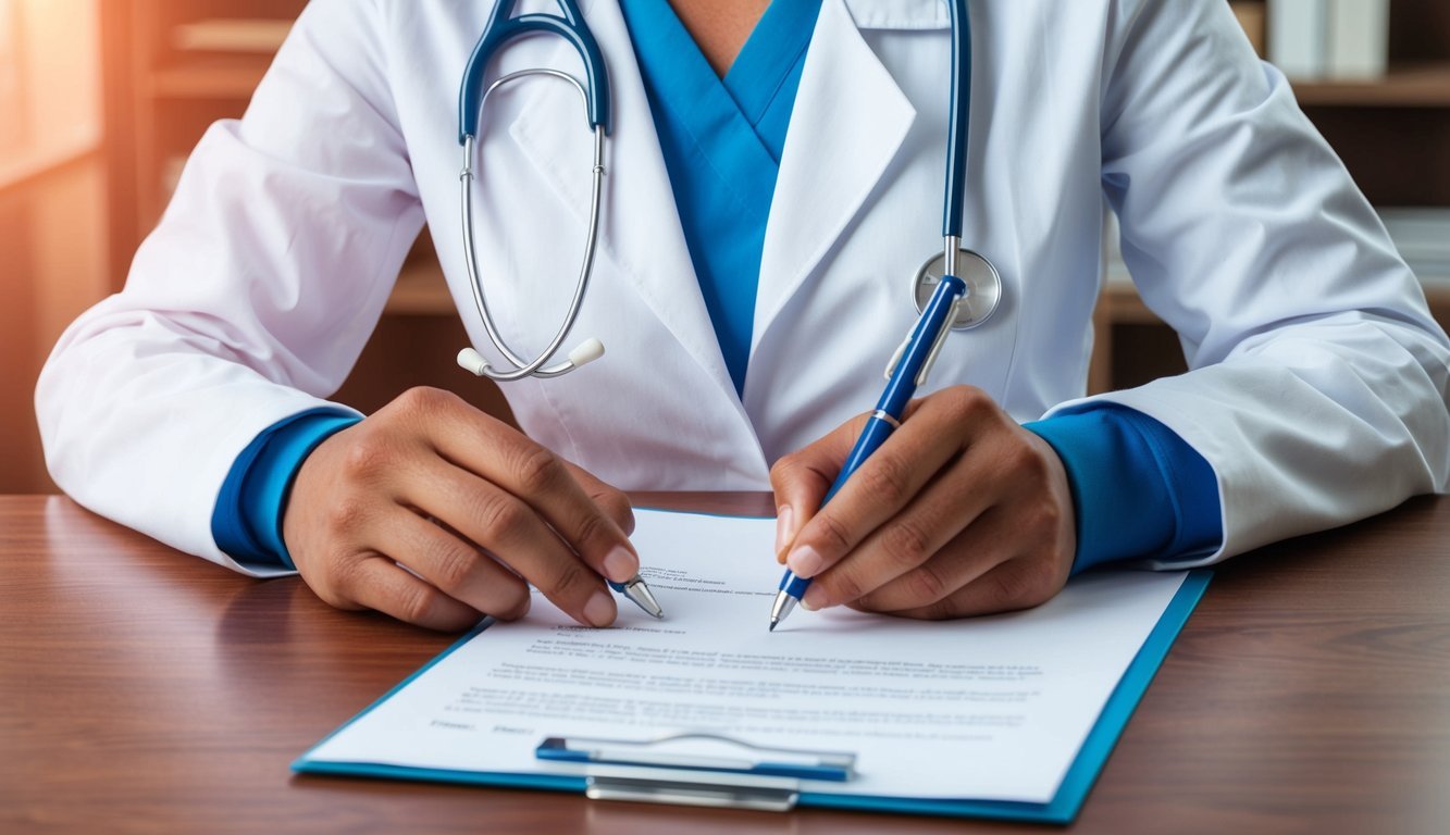 A nurse's hand signing a cover letter with a confident smile