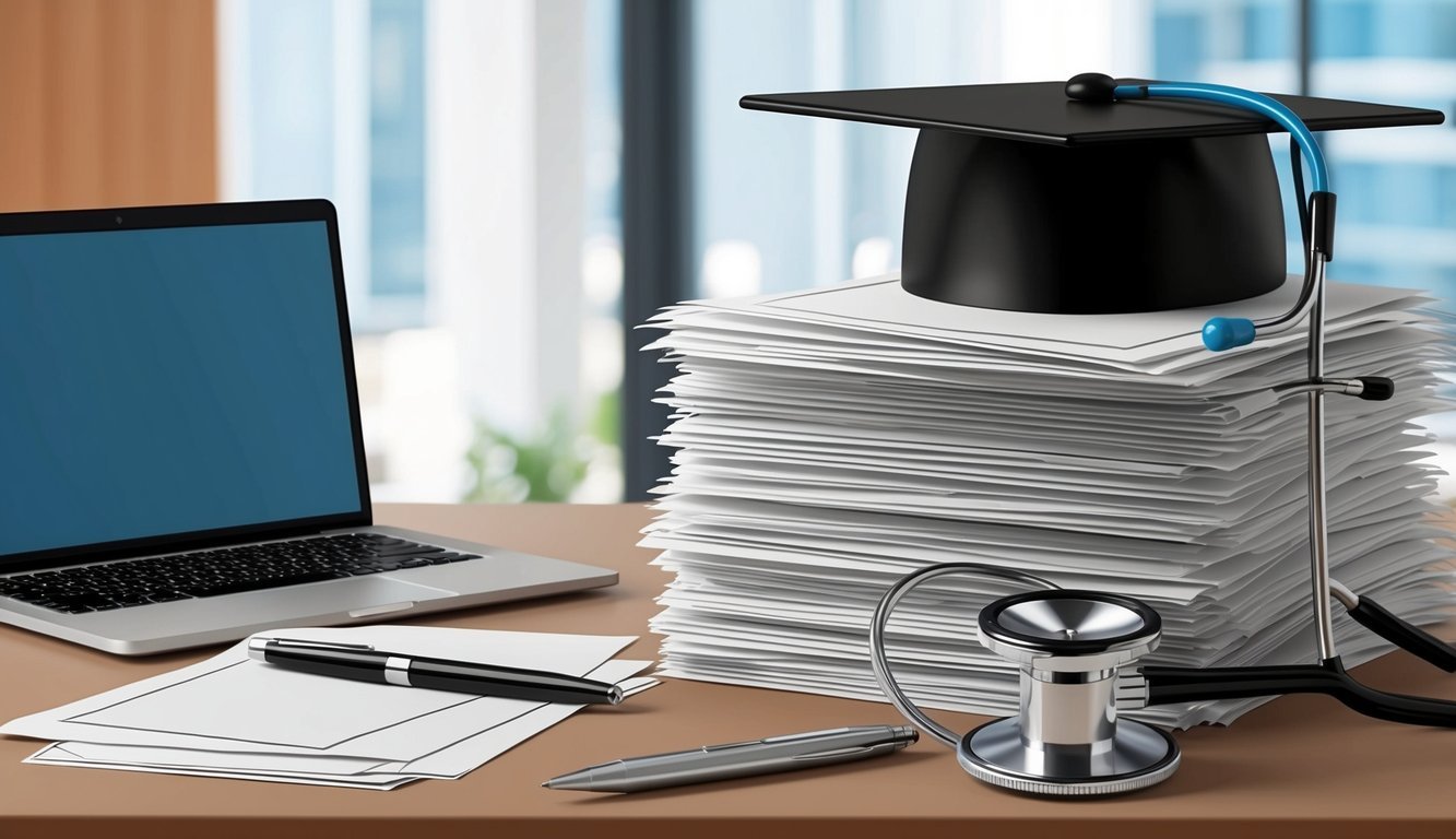 A stack of letters, a laptop, and a pen on a desk.</p><p>A graduation cap and stethoscope nearby