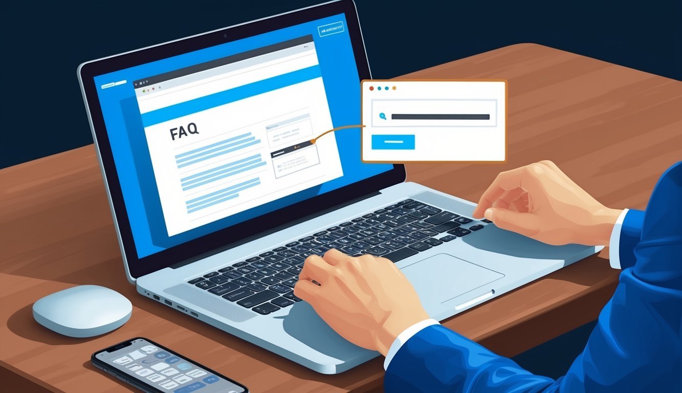 A laptop open to an FAQ page with a cursor hovering over a link