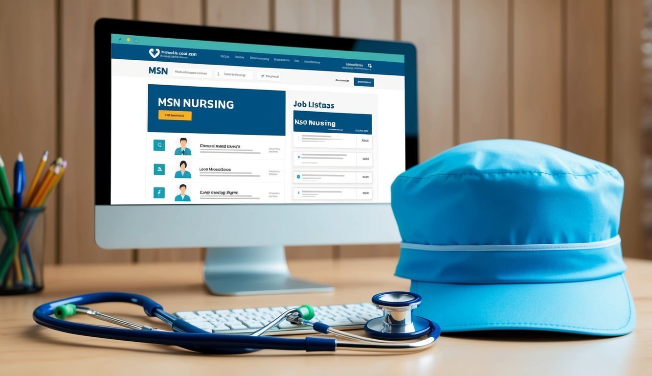 Computer screen with MSN Nursing website, stethoscope, cap on desk