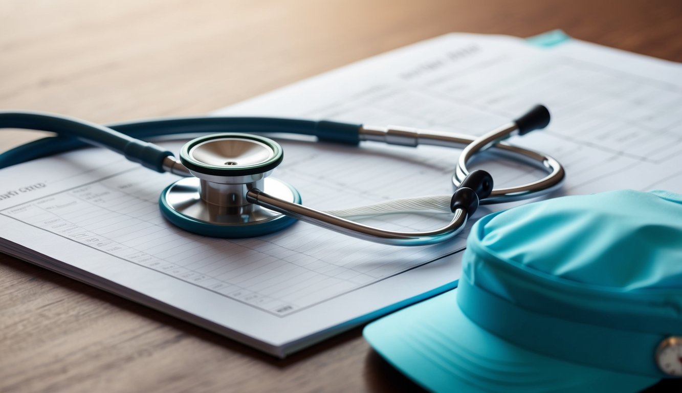 A stethoscope, medical chart, and nursing cap on a desk