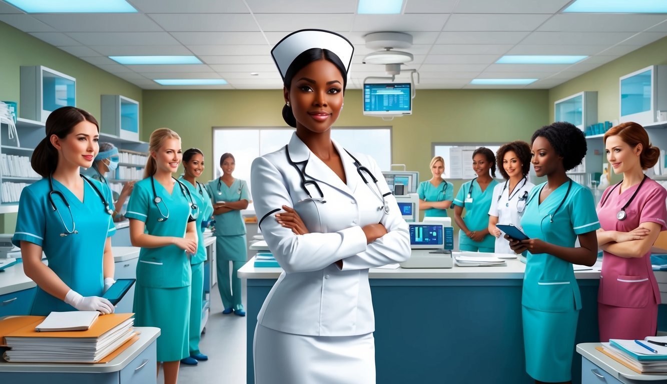 A nurse in white uniform with a team of nurses in a hospital