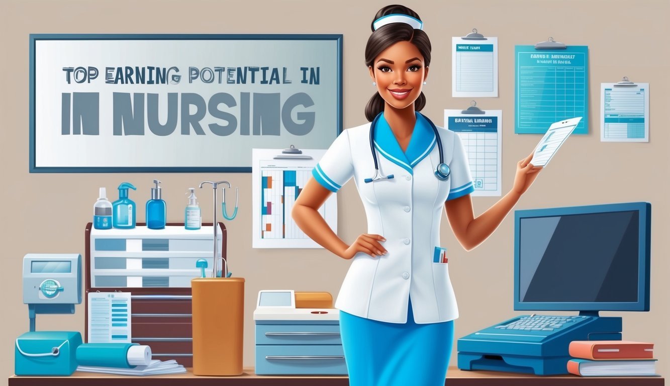 A nurse in a pristine uniform stands confidently, surrounded by medical equipment and charts, symbolizing the top earning potential in nursing