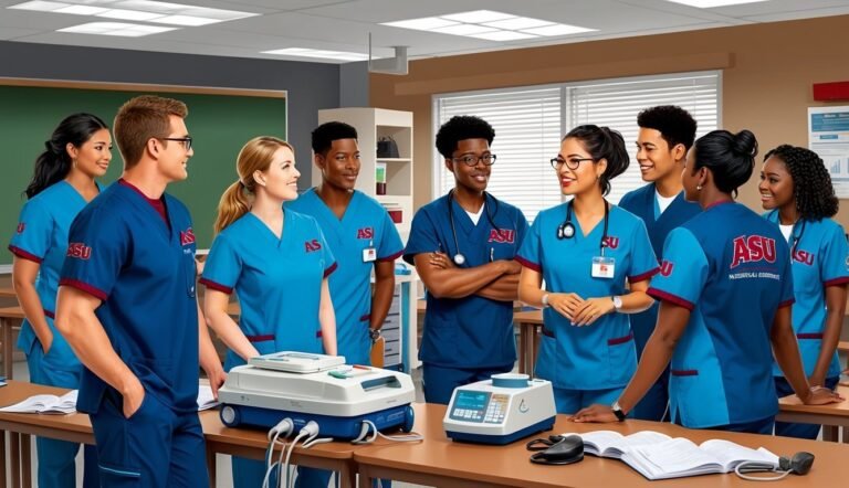 Group of nursing students in scrubs around medical equipment in classroom