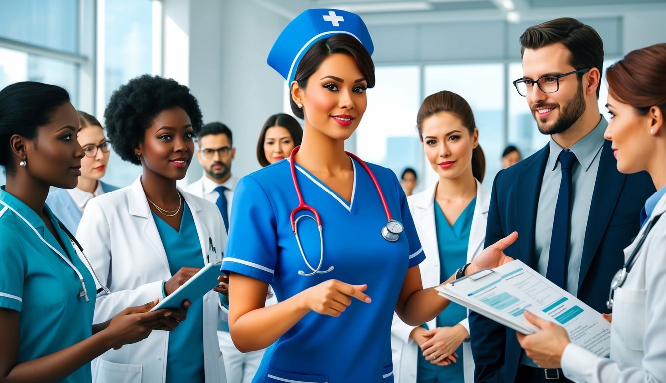 A nurse in a professional setting, surrounded by colleagues, answering questions and providing guidance