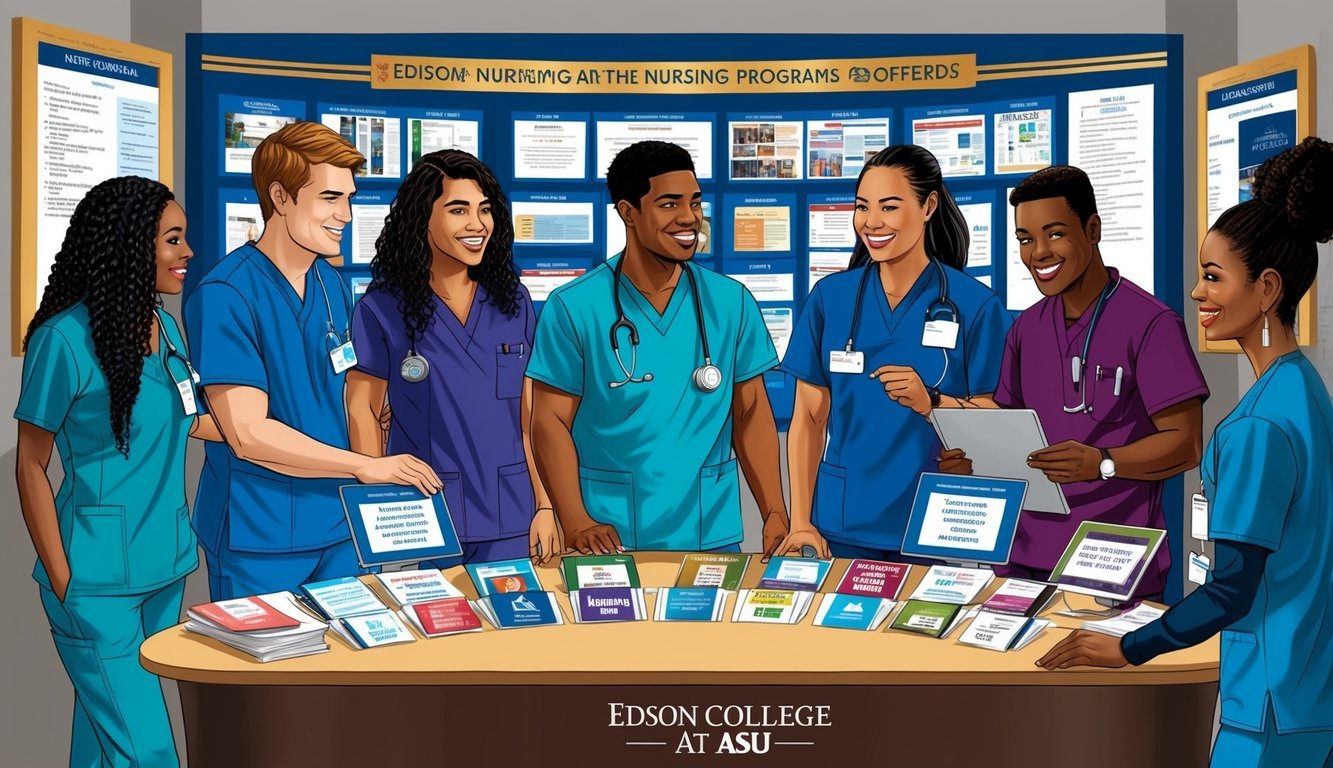 A group of students in scrubs gather around a display showcasing the various nursing programs offered at Edson College at ASU
