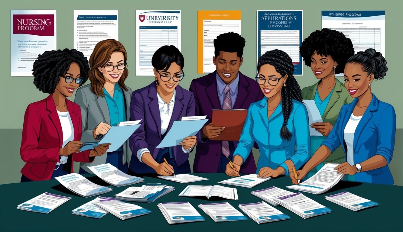 A group of students submitting applications to a university nursing program, surrounded by informational brochures and forms