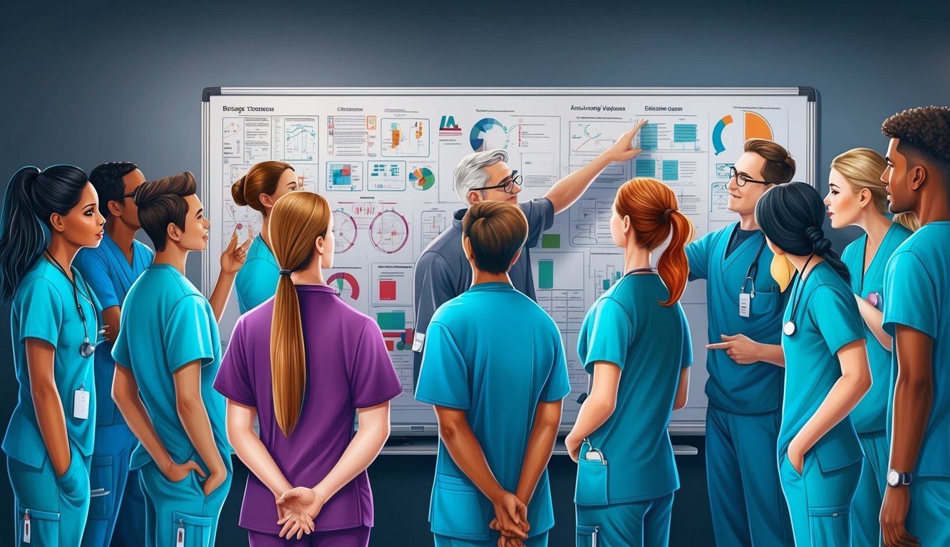 A group of students in nursing scrubs gather around a whiteboard filled with diagrams and charts, while a professor points to different sections