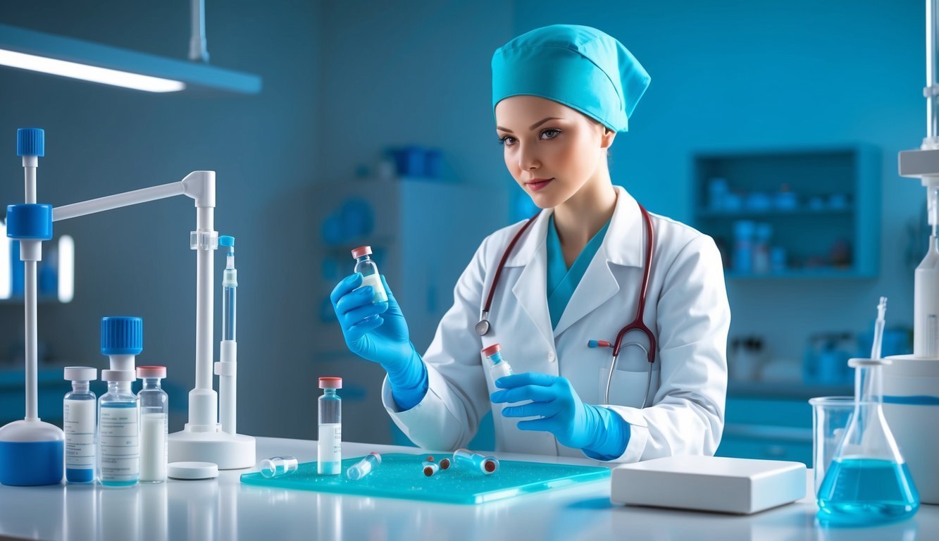 Female scientist in lab coat examines vials in a laboratory setting
