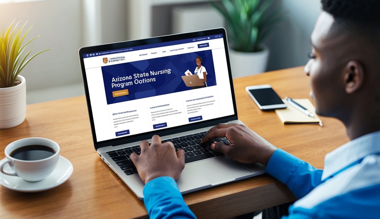 A person browsing a laptop with Arizona State University's website open, searching for nursing program options