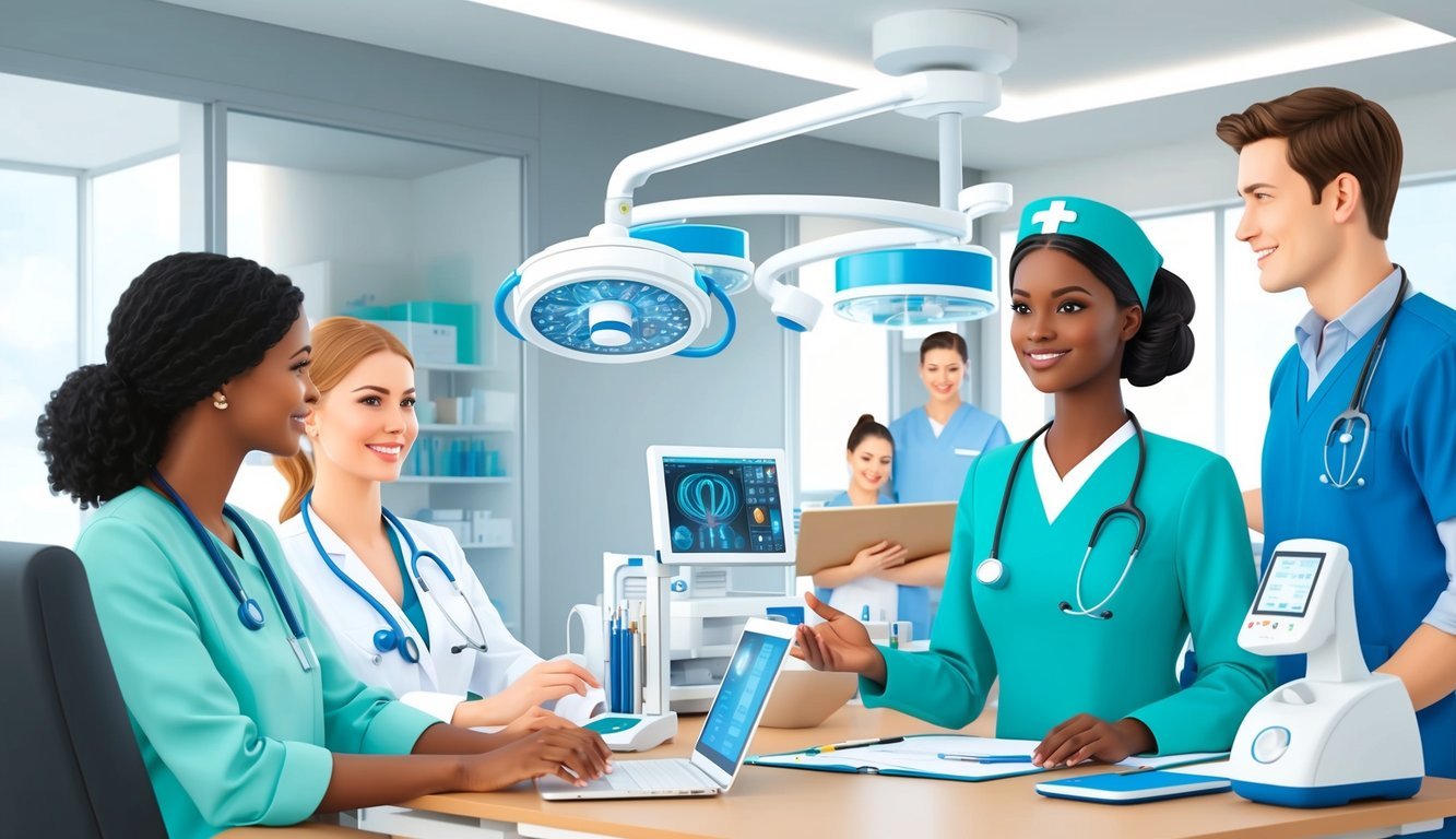 A fertility nurse in a modern clinic, surrounded by medical equipment and technology, consulting with patients and collaborating with a team of healthcare professionals