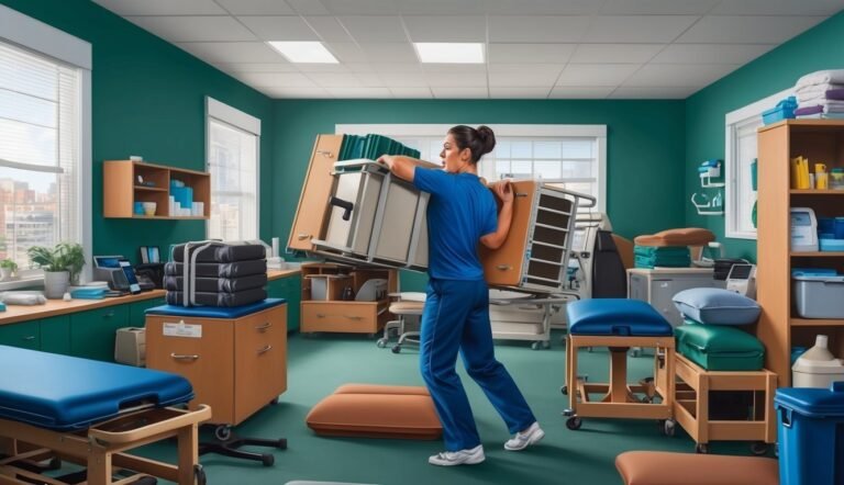 A healthcare worker carries a medical examination table in a clinic room