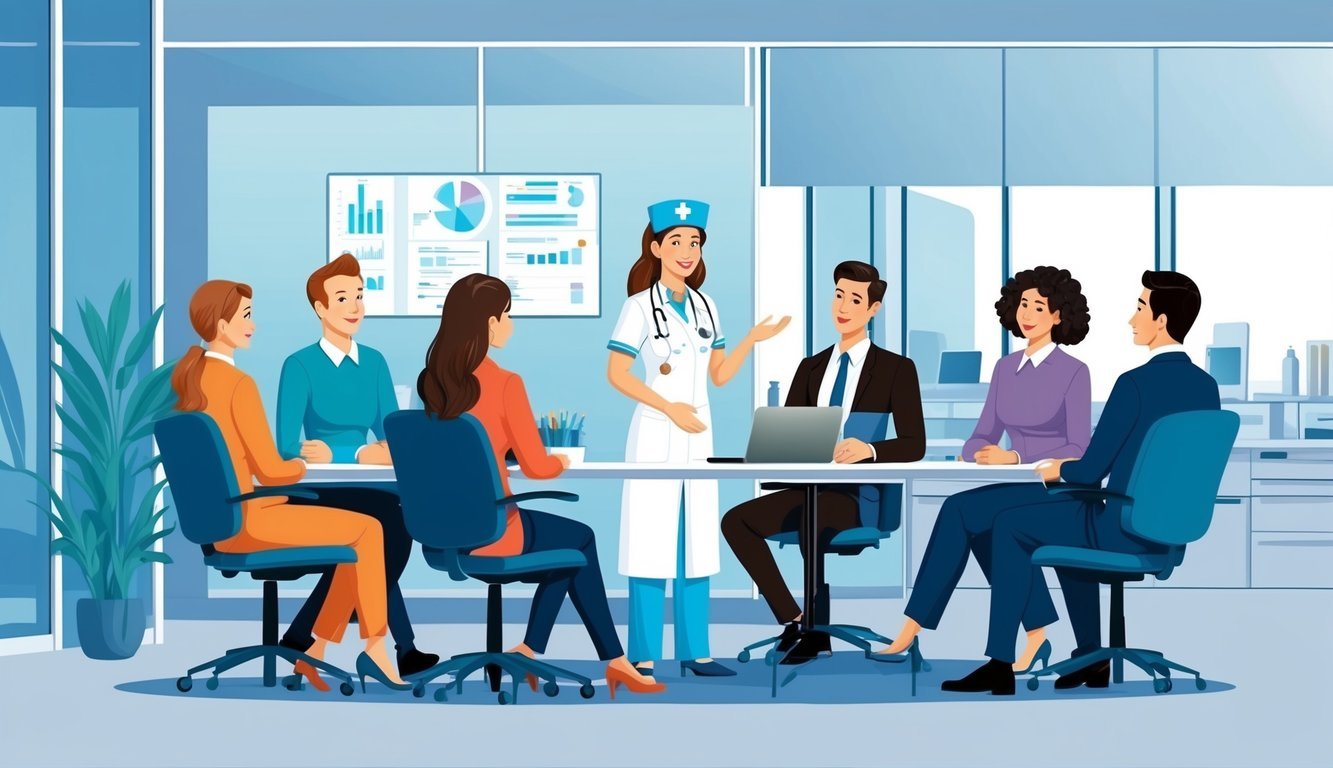 A fertility nurse in a modern hospital office, discussing career advancement and salary expectations with a group of colleagues