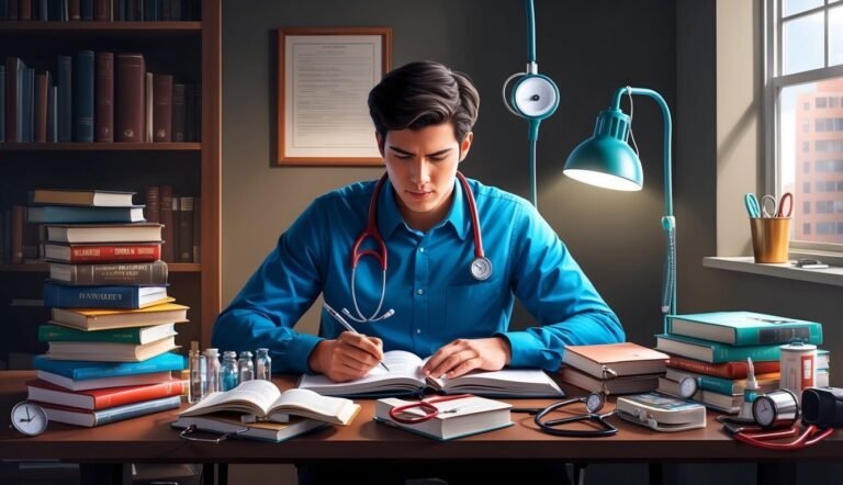 Young doctor studying at a desk with books, stethoscope, and medical equipment