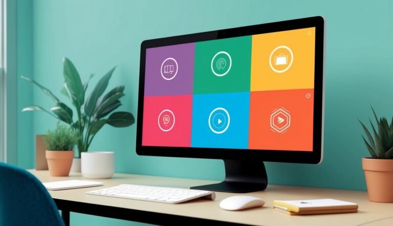 Computer monitor displaying colorful icons on a desk with plants