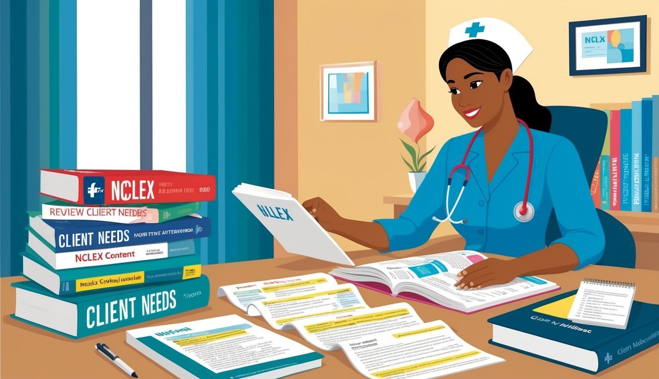A nurse reviewing client needs content with NCLEX books and study materials spread out on a desk