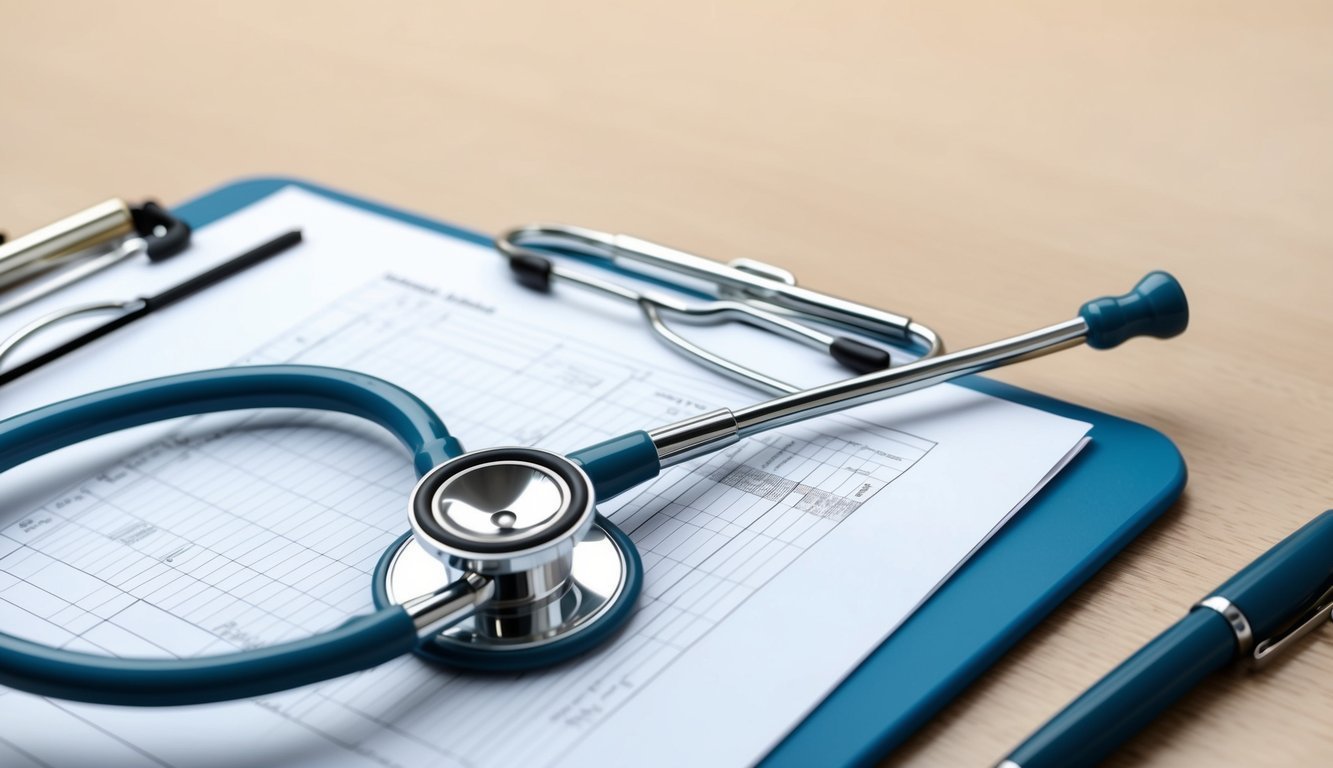 Blue stethoscope, clipboard, and pen on a wooden surface