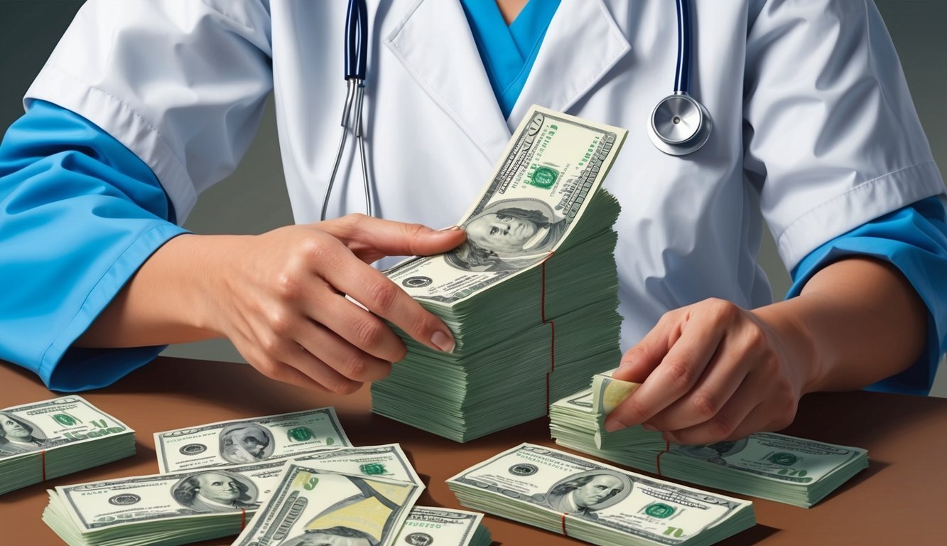 Doctor counting stacks of hundred dollar bills on a table