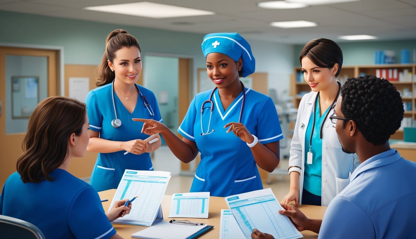 A clinical nurse specialist in a hospital setting, consulting with colleagues and reviewing patient charts