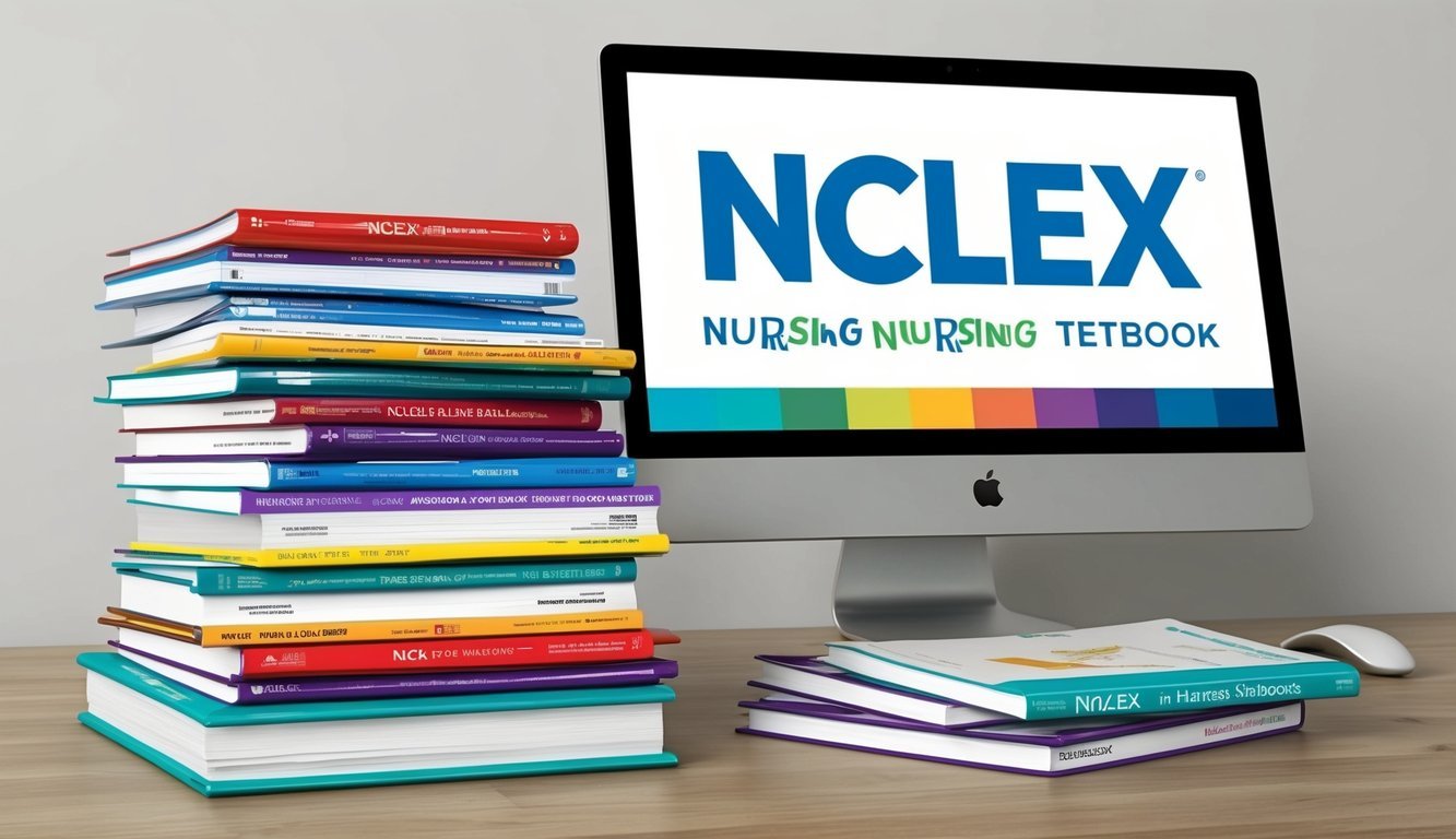 A stack of nursing textbooks with a computer displaying "NCLEX" on the screen