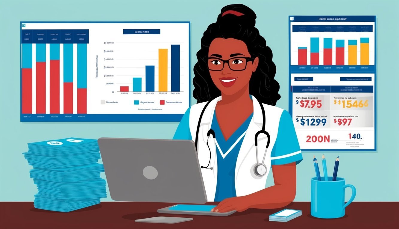 A clinical nurse specialist reviewing salary data and charts