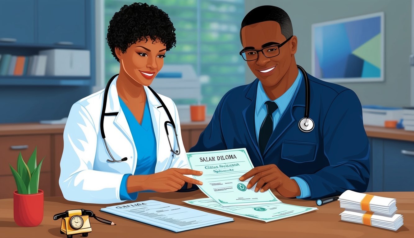 A clinical nurse specialist reviewing a diploma and salary report