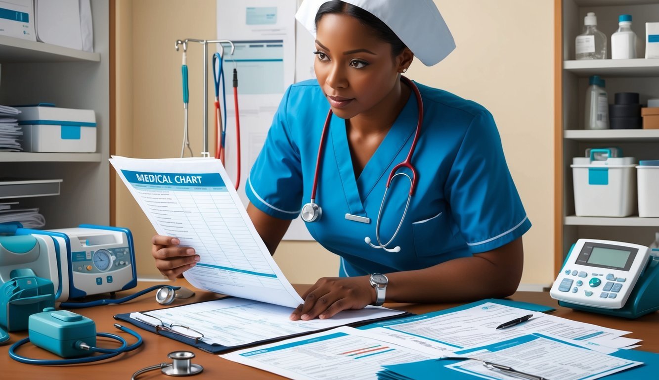 A nurse carefully reviewing a patient's medical chart, surrounded by various medical equipment and documentation