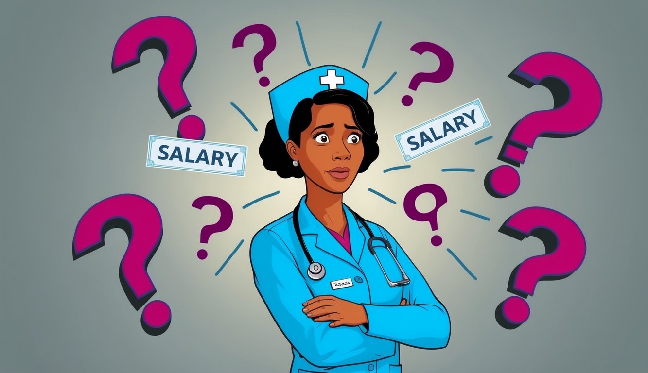A clinical nurse specialist surrounded by question marks and salary figures, with a puzzled expression