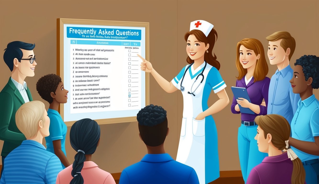 A nurse surrounded by a group of people, pointing to a board with a list of frequently asked questions about nursing diagnosis