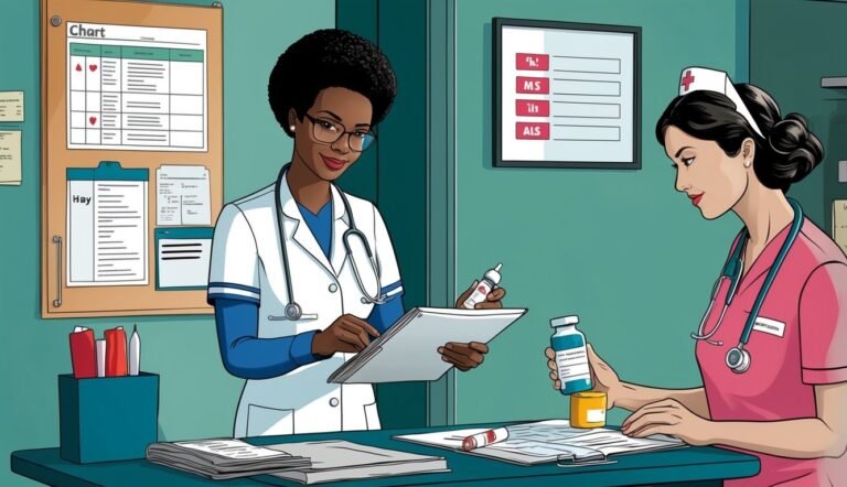Two nurses reviewing medical charts and medication in a hospital setting