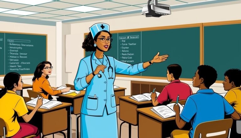 Nurse teaching students in a classroom with a chalkboard and projector