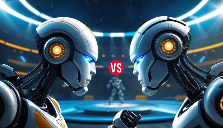 Two robots face off in a futuristic arena, "VS" in the middle