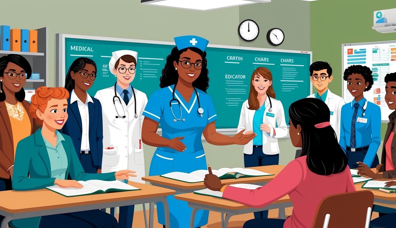A nurse educator leading a group of students in a classroom, surrounded by medical equipment and charts