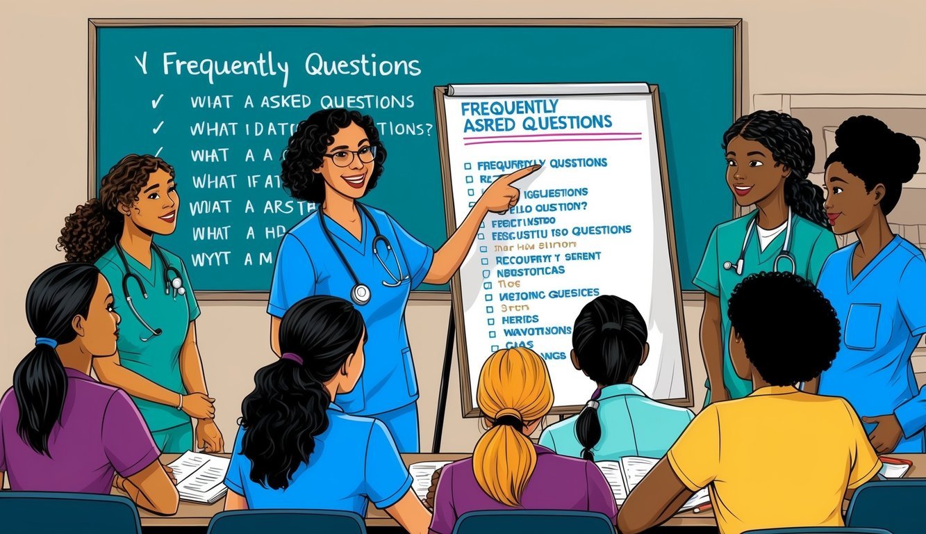 A nursing teacher surrounded by a group of students, pointing to a board with a list of frequently asked questions