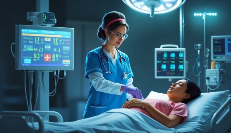Nurse tending to a patient in a hospital room with monitoring equipment